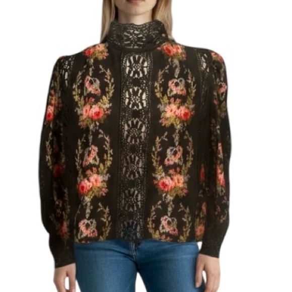 LoveShackFancy Tops - Loveshackfancy Jacque top women’s silk size medium black floral crochet Dolce